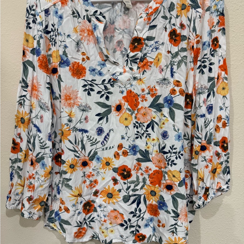 St. John's Bay Floral Blouse - White, Orange, Blue. Rayon size large